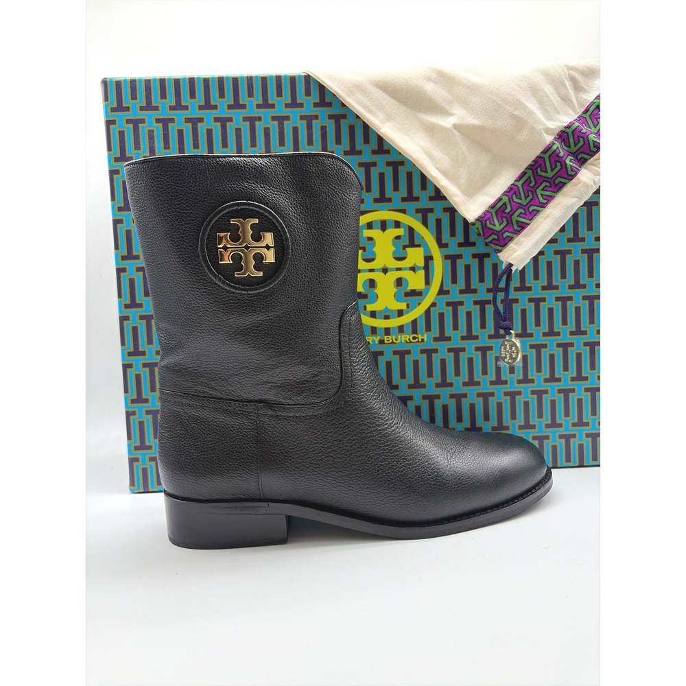 Tory Burch Hallie Tumbled Leather Mid Calf Logo Boots 8M 31424